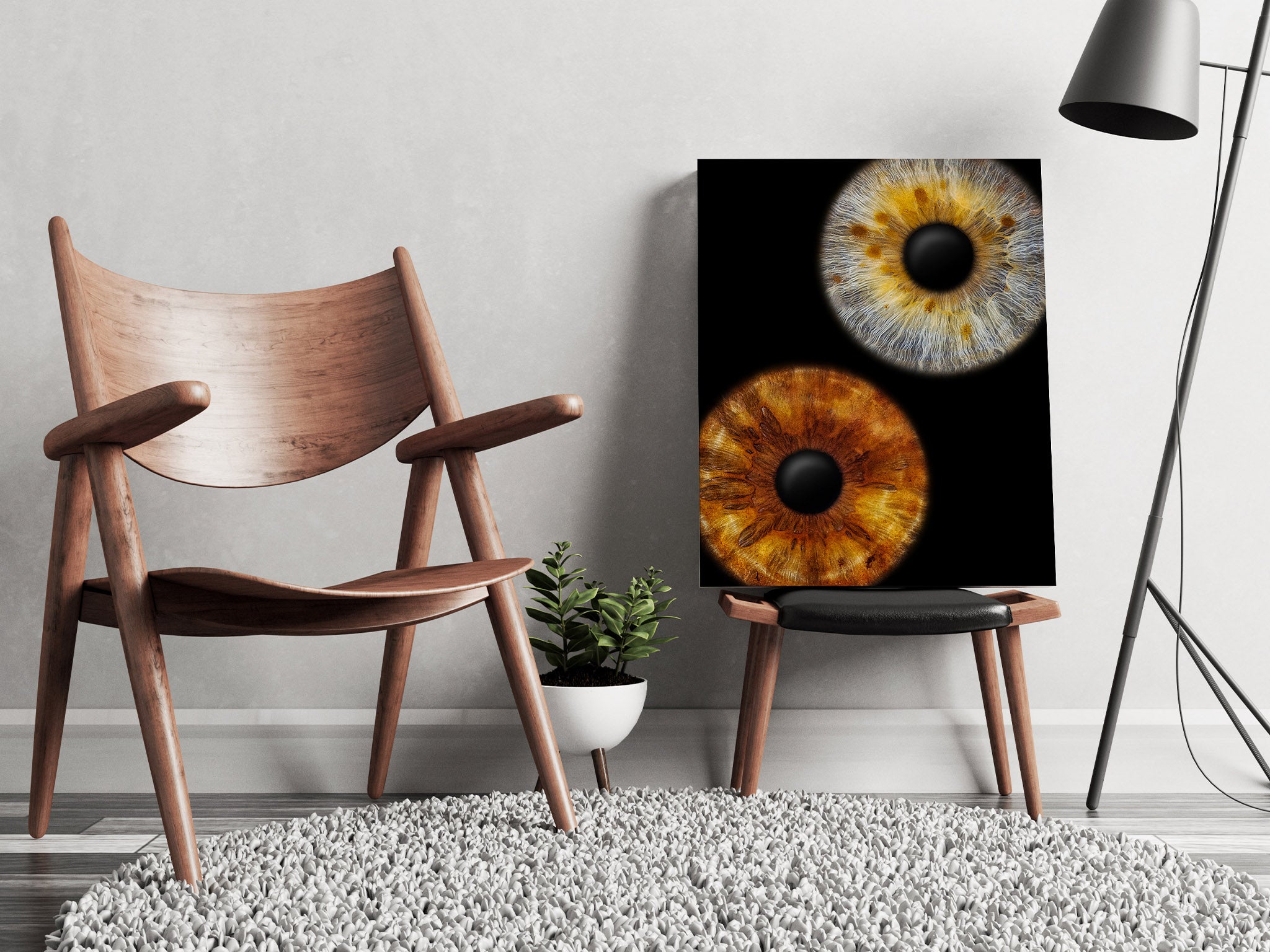 Doppelfoto mit zwei Irisfotografien als Wandbild