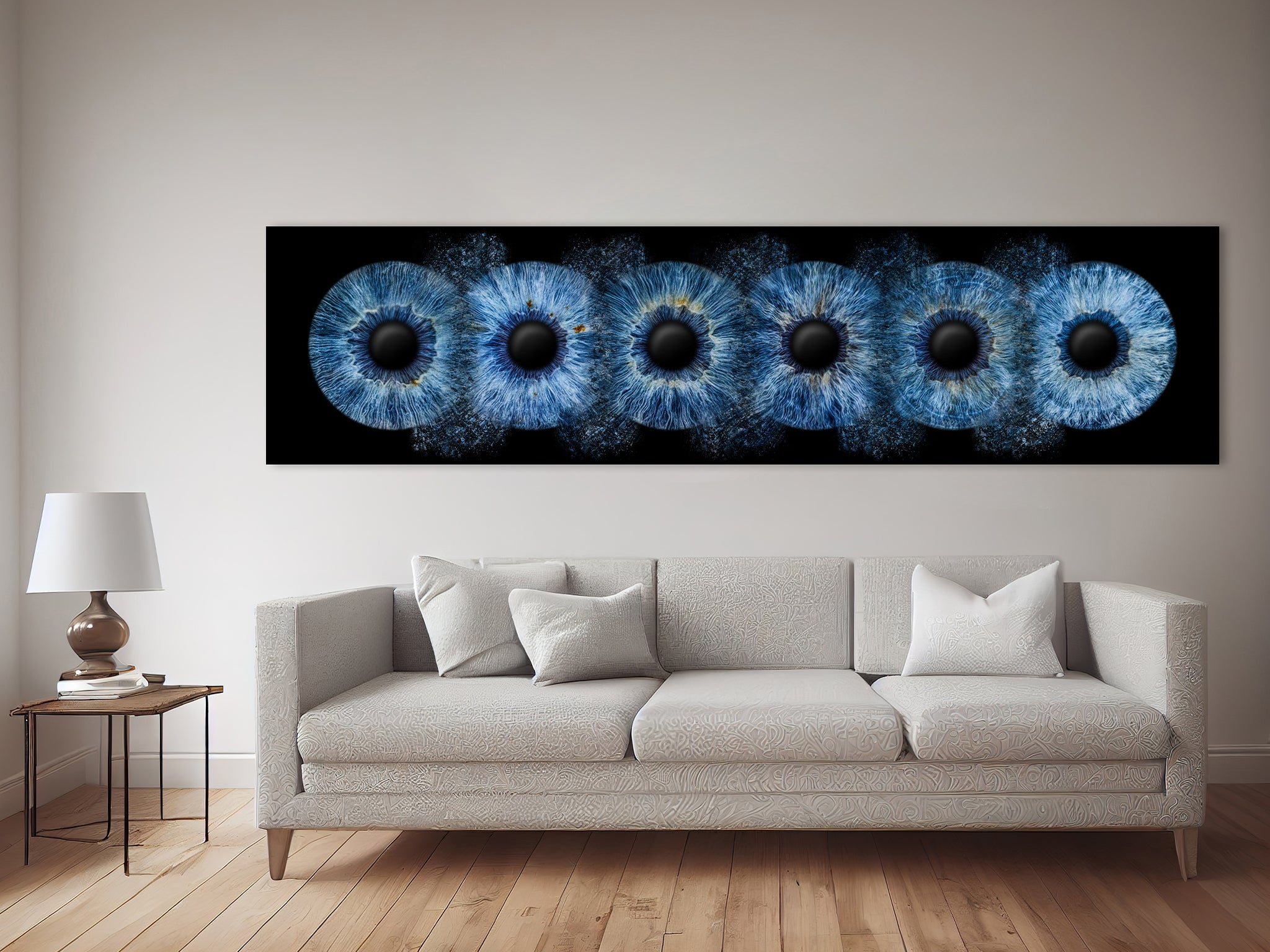 Sechs blaue verschmelzende Iriden als großes Wandbild