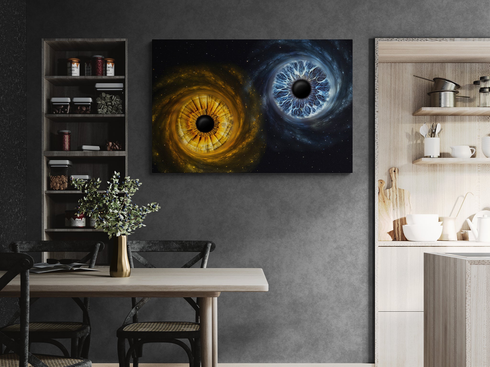 Irisfotografie von EYEPIXX als Wandbild mit zwei Iriden als Galaxie Motiv